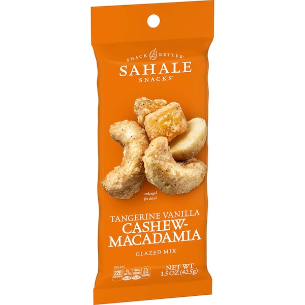 Bocadillos Sahale Sahale 1.5 oz. Mezcla Glaseada de Nuez de Marañón y Macadamia con Mandarina y Vainilla, Paquete de 18 - 9386900015