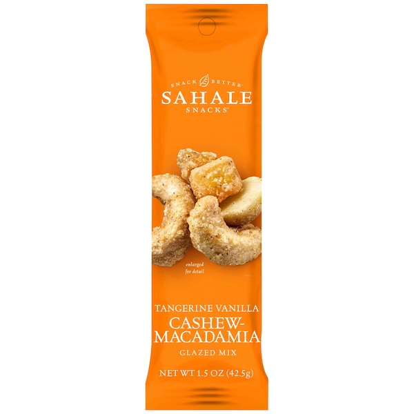 Bocadillos Sahale Sahale 1.5 oz. Mezcla Glaseada de Nuez de Marañón y Macadamia con Mandarina y Vainilla, Paquete de 18 - 9386900015