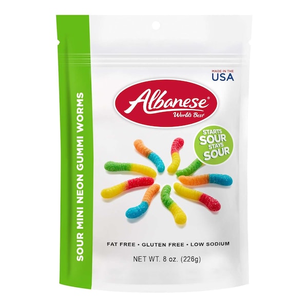 Los Mejores Gusanos Gomosos Ácidos Mini Neon Albanese del Mundo, Bolsa de 8 oz, Paquete de 6 - 53384.