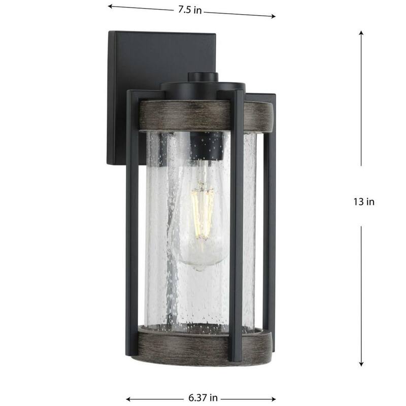 Luz de linterna de pared exterior estilo granja con un foco Progress Lighting Whitmire de 1 luz en negro mate con acentos de roble envejecido y cristal transparente con semillas - P560281-31M.