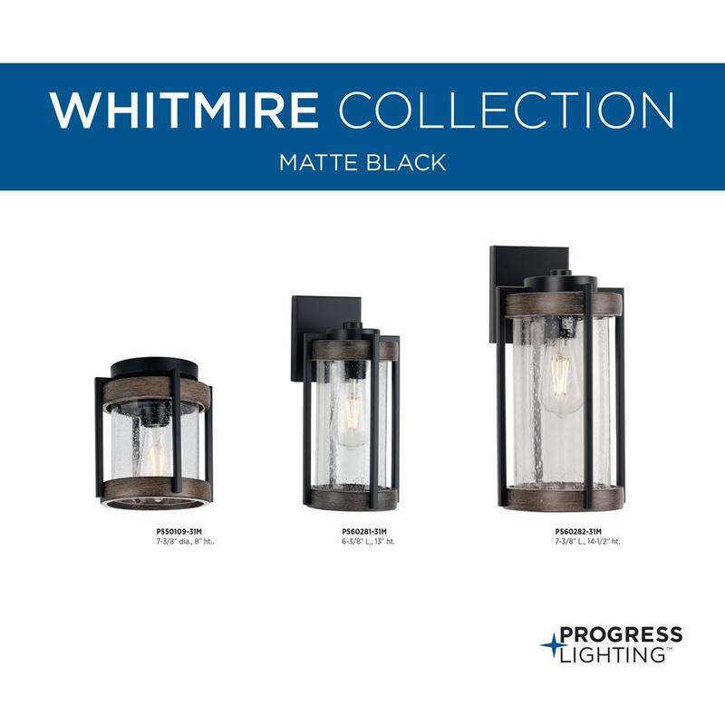 Luz de linterna de pared exterior estilo granja con un foco Progress Lighting Whitmire de 1 luz en negro mate con acentos de roble envejecido y cristal transparente con semillas - P560281-31M.