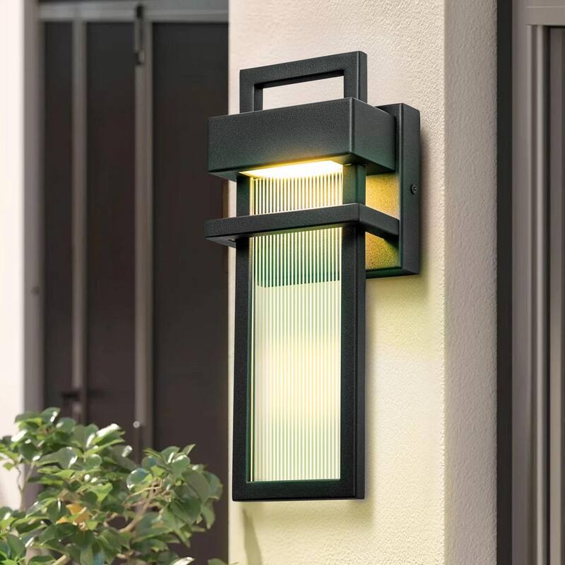 Linterna de pared LED moderna para exteriores en negro mate Kohls RRTYO con pantalla de vidrio a rayas - 81010000042868