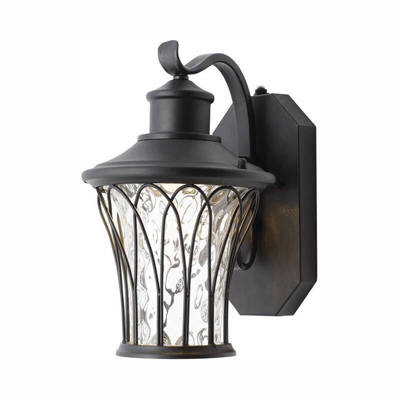 Colección de decoración para el hogar Avia Falls 12.13 pulgadas Negra Luz de pared exterior LED pequeña con sensor crepuscular y vidrio transparente de agua - LED-HD501 BK