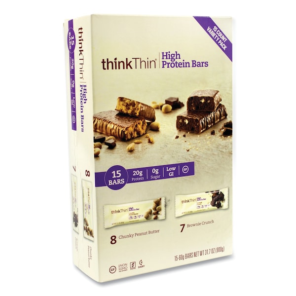 Thinkthin Barra de Proteína Alta, Sabor Brownie Crunch/Mantequilla de Cacahuate, Barra de 2.1oz, Paquete de 15 - 33142