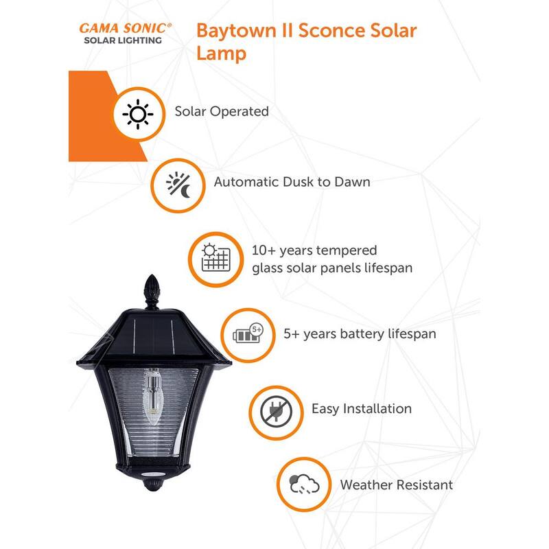 GAMA SONIC Baytown II Bombilla 130 lúmenes Negro Lámpara de pared de LED cálida blanca solar para exteriores resistente al clima para garaje y porche (paquete de 2) - 105BP250040