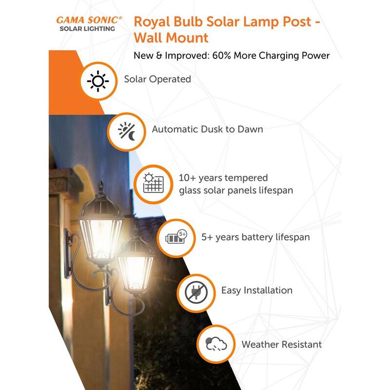 Serie Royal Bulb de GAMA SONIC 1 luz Negro Linterna Solar Integrada LED a Prueba de Agua para Exterior en Pared para Cochera y Porche - 98B010