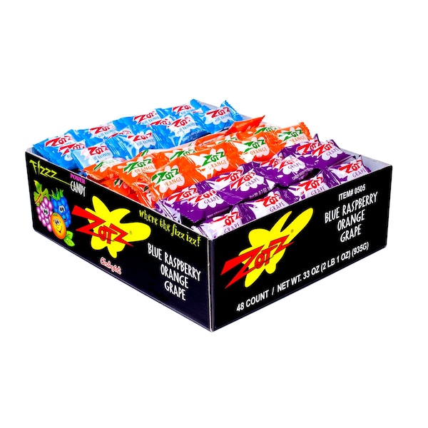 Cuerdas de Caramelo Zotz Zotz Fizz Power - Sabores a Frambuesa Azul, Naranja y Uva, PK576 - 0505