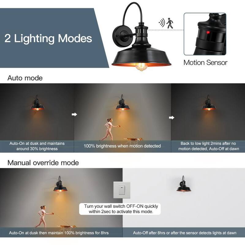 Luz de pared de granero exterior con sensor de movimiento TRUE FINE Grantham de 1 luz y 12 pulgadas en negro - TD130010OT