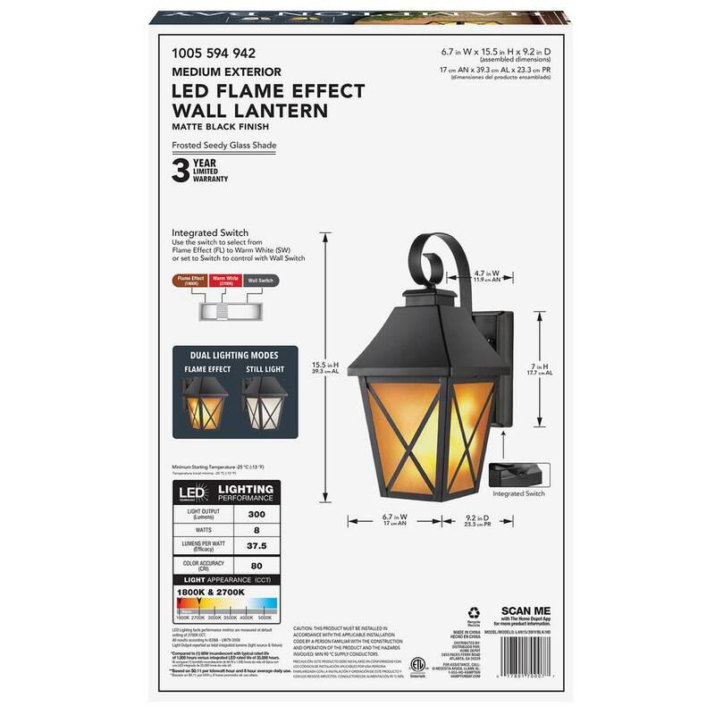 Linterna de pared con efecto de llama parpadeante LED integrado con selección de color en negro medianoche para exteriores con cableado duro Hampton Bay 16.3 in. - LAN15/3WY/BLK/HD