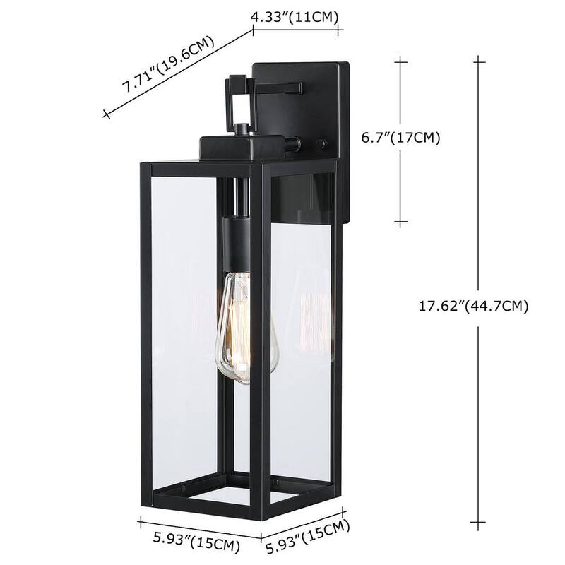 Lámpara de pared de exterior Hukoro Bonanza de 18 pulgadas y 1 luz en negro mate con pantalla de vidrio transparente, 1 x E26 - F19051-BK.