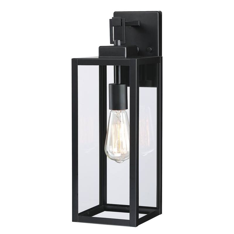 Lámpara de pared de exterior Hukoro Bonanza de 18 pulgadas y 1 luz en negro mate con pantalla de vidrio transparente, 1 x E26 - F19051-BK.