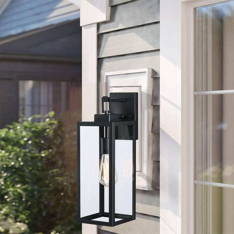 Lámpara de pared de exterior Hukoro Bonanza de 18 pulgadas y 1 luz en negro mate con pantalla de vidrio transparente, 1 x E26 - F19051-BK.