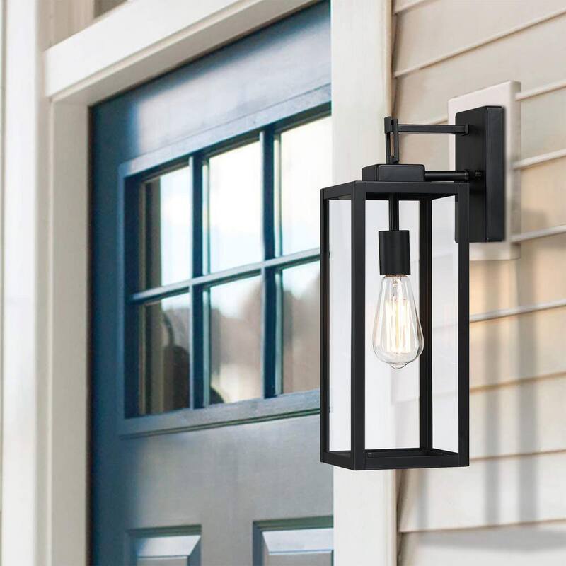 Lámpara de pared de exterior Hukoro Bonanza de 18 pulgadas y 1 luz en negro mate con pantalla de vidrio transparente, 1 x E26 - F19051-BK.