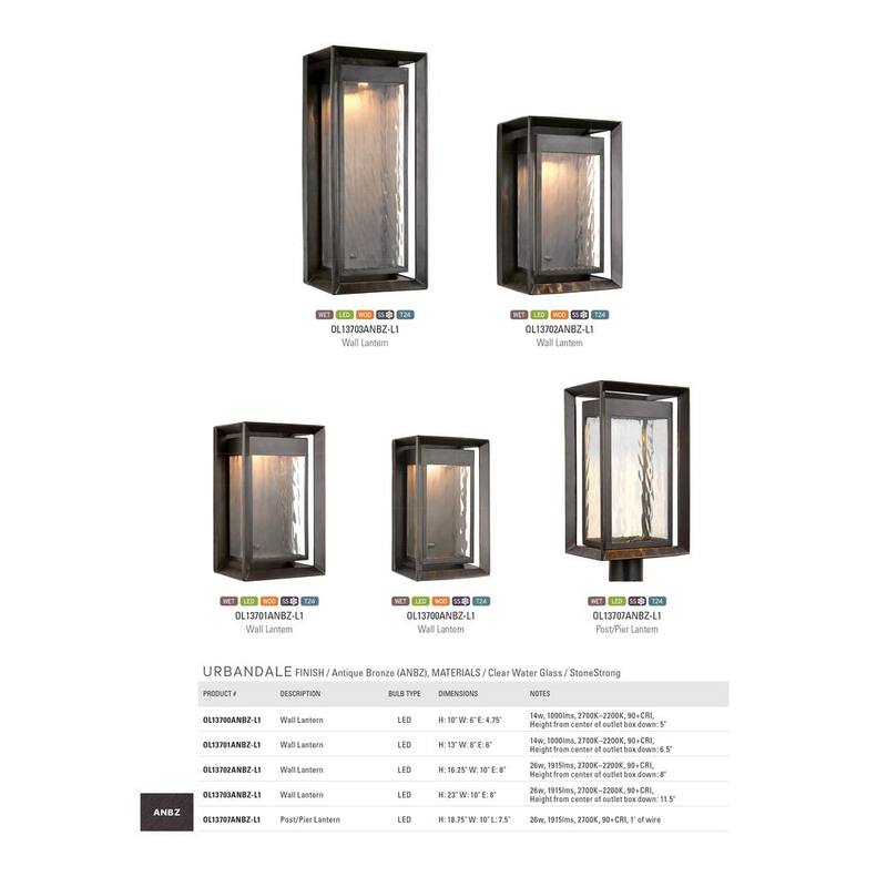 Iluminación de generación Urbandale 1 luz de pared de linterna de bronce antiguo integrada LED de 13 pulgadas para exteriores - OL13701ANBZ-L1