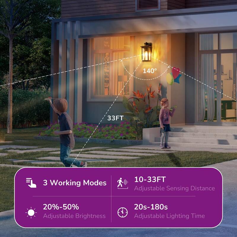 EDISHINE 12 in. Linterna de pared exterior alámbrica negra con sensor de movimiento atenuable del anochecer al amanecer y sin bombillas incluidas - HOWL07H