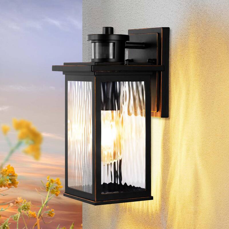 EDISHINE 12 in. Linterna de pared exterior alámbrica negra con sensor de movimiento atenuable del anochecer al amanecer y sin bombillas incluidas - HOWL07H