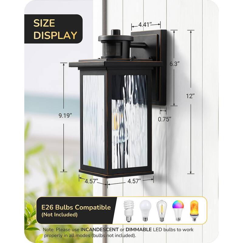 EDISHINE 12 in. Linterna de pared exterior alámbrica negra con sensor de movimiento atenuable del anochecer al amanecer y sin bombillas incluidas - HOWL07H