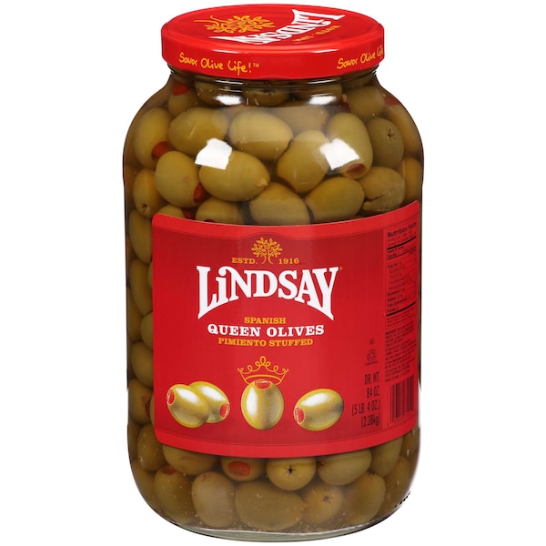 Lindsay 100/120 Aceitunas rellenas de reina 84 oz., paquete de 4 - A003892