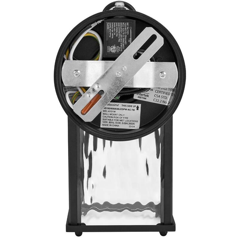 Lámpara de pared para exteriores Maxxima Black con LED, cristal de agua transparente, sensor de anochecer a amanecer, 650 lúmenes, luz blanca cálida de 3000K - MEL-6101W