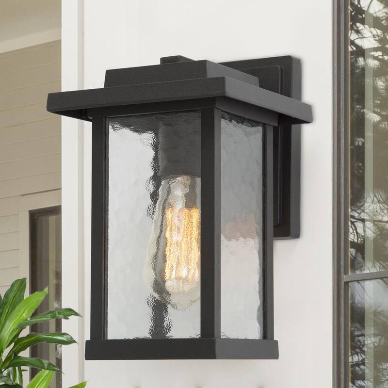 Lámpara de pared exterior negra mate LNC con pantalla de vidrio texturizado moderna para jardín o patio, luz montada en la pared de 1 luz - A03321S