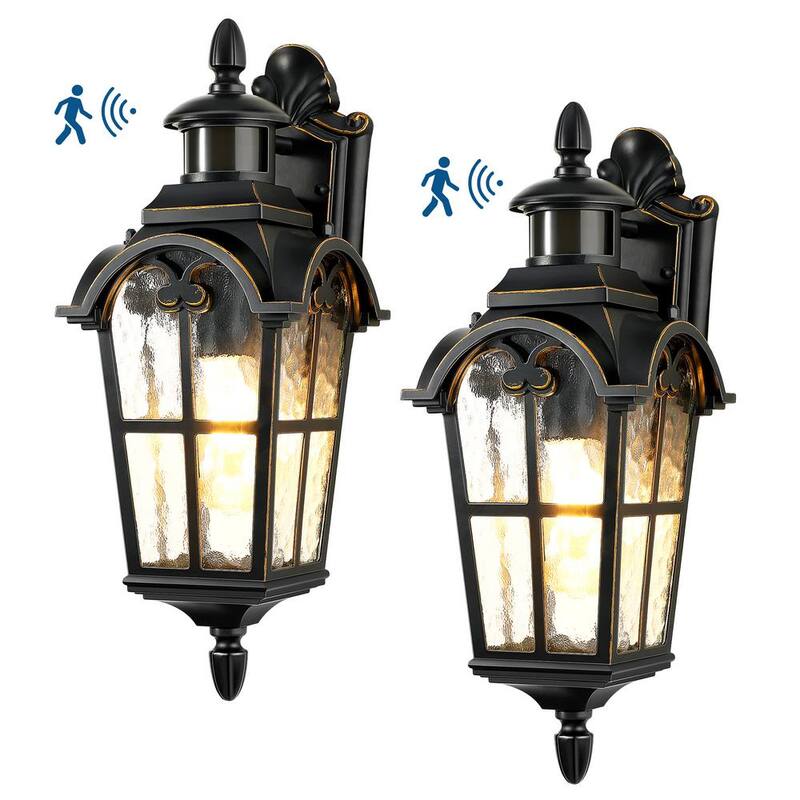 DEWENWILS Linterna de Pared Exterior con Sensor de Movimiento en Negro y de Anochecer al Amanecer de 16.8 pulgadas con Cableado Duro, Set de 2 - HOWL07D