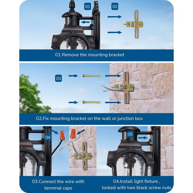 DEWENWILS Linterna de Pared Exterior con Sensor de Movimiento en Negro y de Anochecer al Amanecer de 16.8 pulgadas con Cableado Duro, Set de 2 - HOWL07D