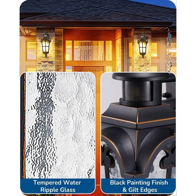 DEWENWILS Linterna de Pared Exterior con Sensor de Movimiento en Negro y de Anochecer al Amanecer de 16.8 pulgadas con Cableado Duro, Set de 2 - HOWL07D