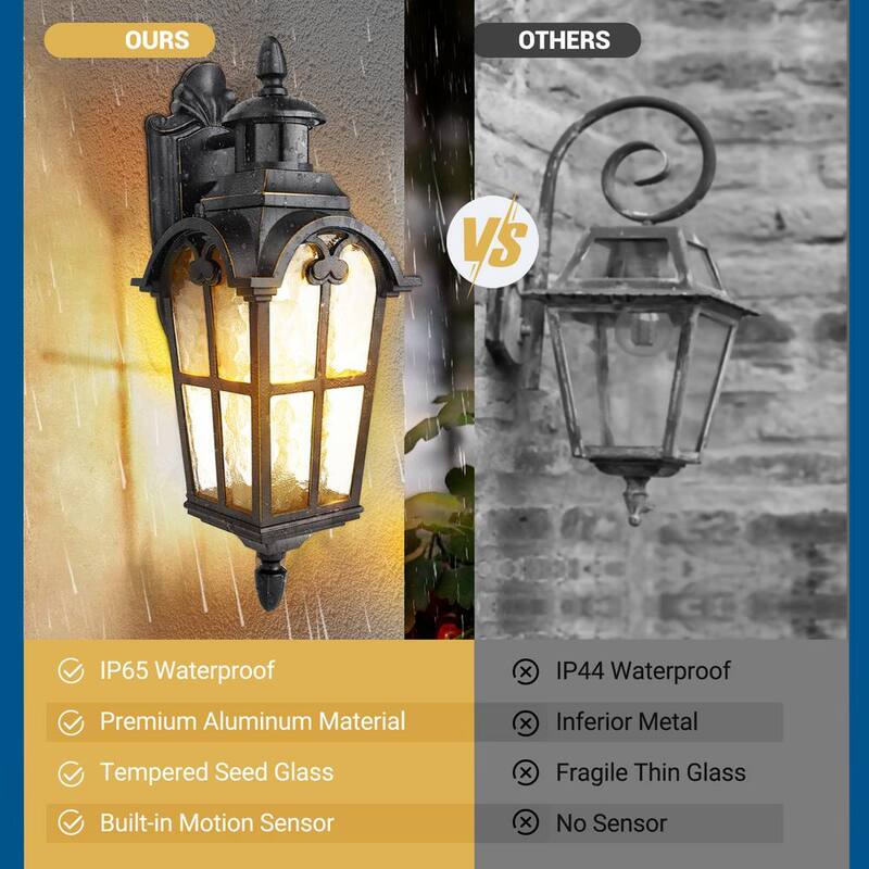 DEWENWILS Linterna de Pared Exterior con Sensor de Movimiento en Negro y de Anochecer al Amanecer de 16.8 pulgadas con Cableado Duro, Set de 2 - HOWL07D