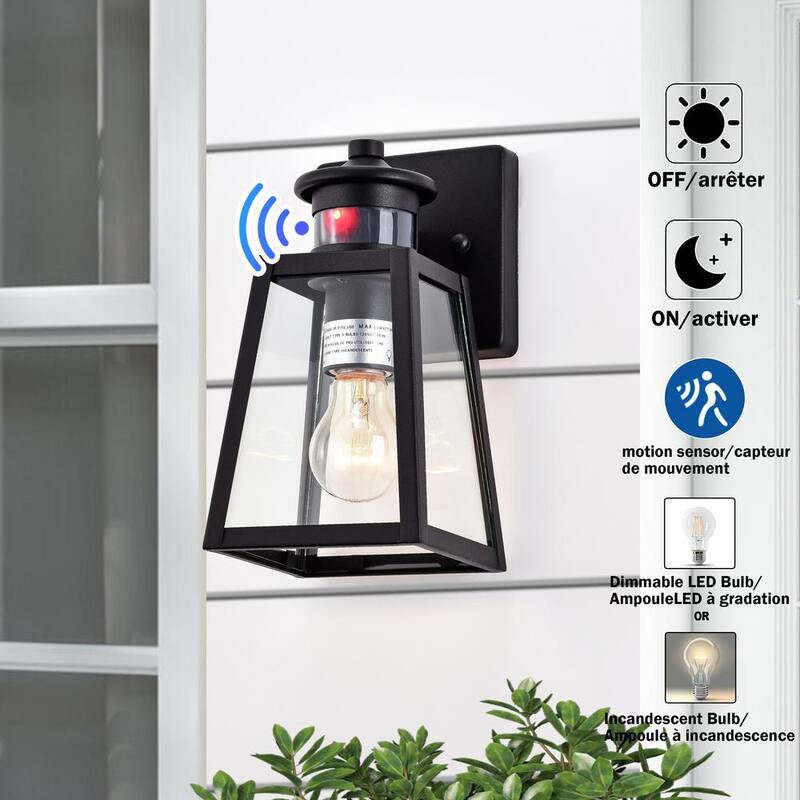 C Cattleya Linterna de Pared Exterior con Sensor de Movimiento 1-Luz Negra al Oscurecer y Amanecer con Vidrio Templado Transparente - CA1928-W