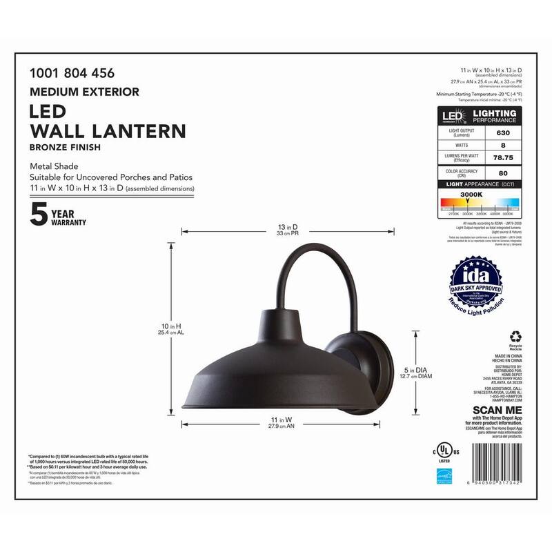 Luz de pared para exteriores Hampton Bay de 10 pulgadas en bronce con LED integrado y montaje duro - Lámpara linterna aplique de luz - IZH1691L-2