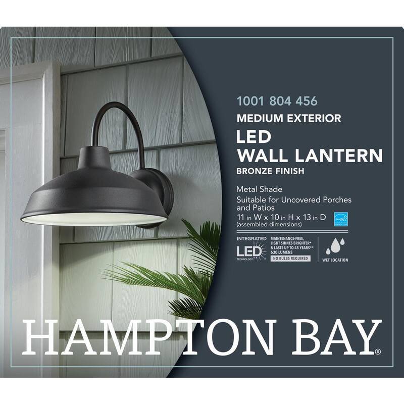 Luz de pared para exteriores Hampton Bay de 10 pulgadas en bronce con LED integrado y montaje duro - Lámpara linterna aplique de luz - IZH1691L-2