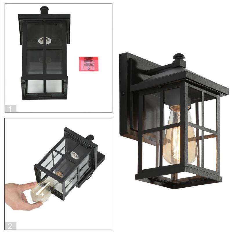 Aplique de pared moderno para puerta principal de porche en exteriores, color negro escarchado con pantalla a cuadros de vidrio transparente, lámpara de pared de 1 luz - AIEV6VHD14372R7