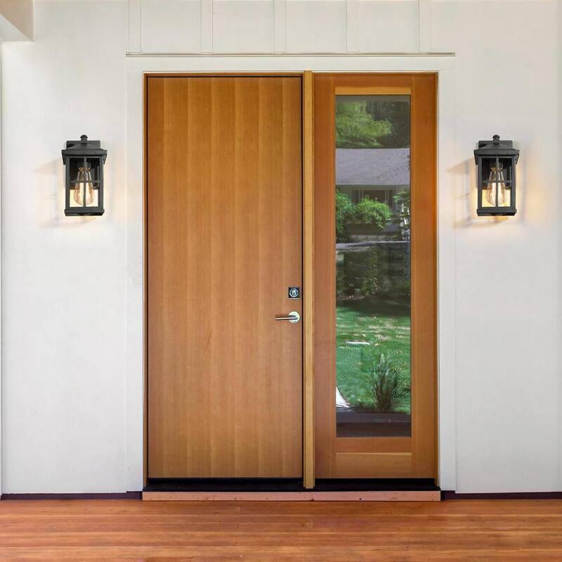 Aplique de pared moderno para puerta principal de porche en exteriores, color negro escarchado con pantalla a cuadros de vidrio transparente, lámpara de pared de 1 luz - AIEV6VHD14372R7