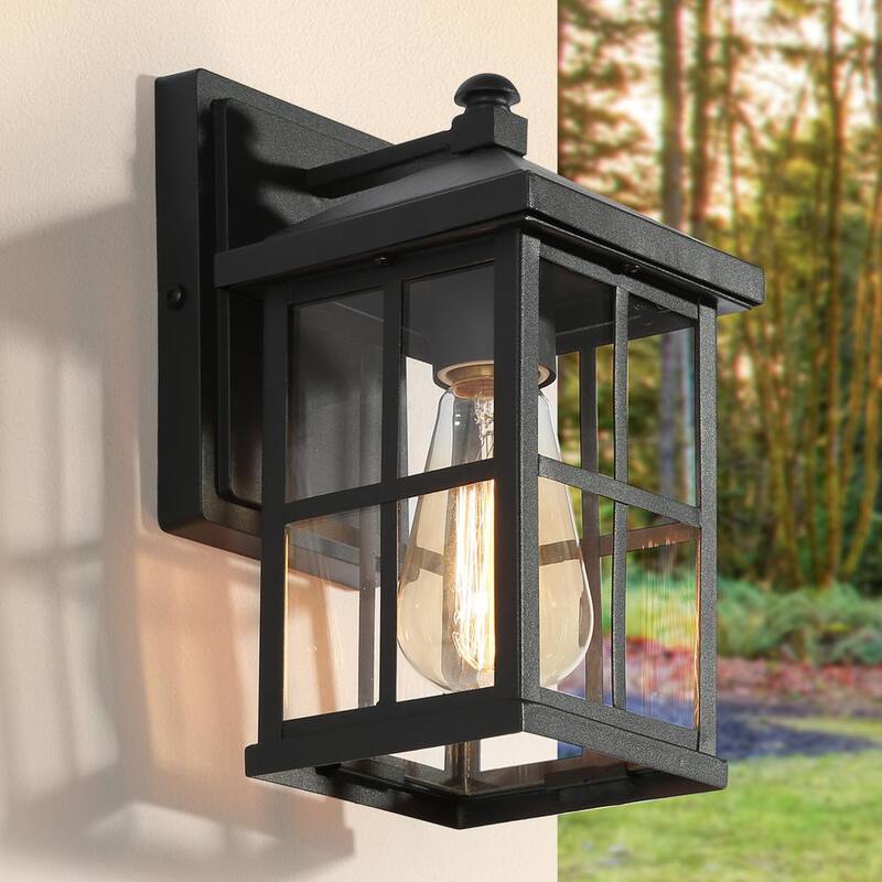Aplique de pared moderno para puerta principal de porche en exteriores, color negro escarchado con pantalla a cuadros de vidrio transparente, lámpara de pared de 1 luz - AIEV6VHD14372R7