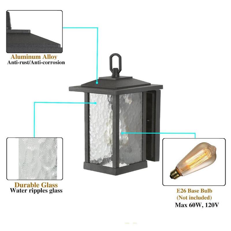 Aplique Modern Black Outdoor Wall Sconce, Farol de Granja Estilo Coach con Pantalla de Cristal de Agua, Iluminación de 1 Luz para Porche, Patio o Terraza - ZMI7N2HD13501F6