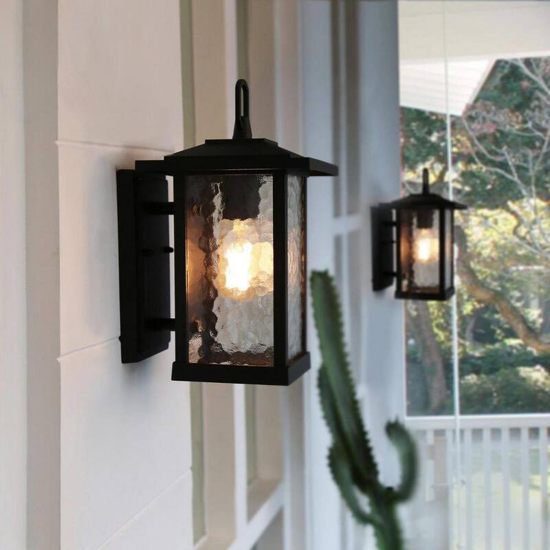 Aplique Modern Black Outdoor Wall Sconce, Farol de Granja Estilo Coach con Pantalla de Cristal de Agua, Iluminación de 1 Luz para Porche, Patio o Terraza - ZMI7N2HD13501F6
