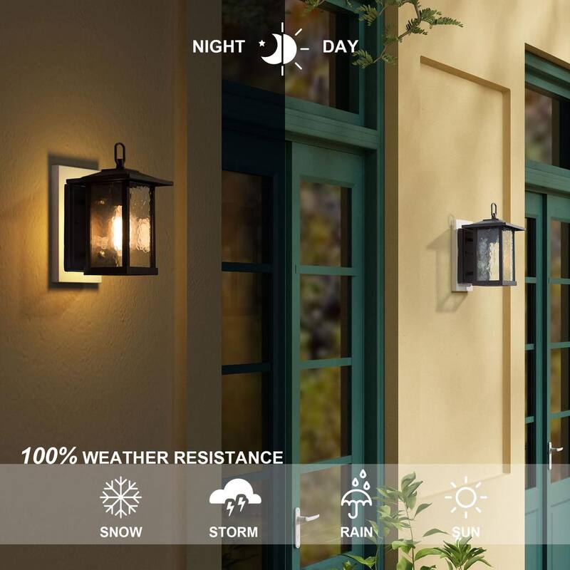 Aplique Modern Black Outdoor Wall Sconce, Farol de Granja Estilo Coach con Pantalla de Cristal de Agua, Iluminación de 1 Luz para Porche, Patio o Terraza - ZMI7N2HD13501F6