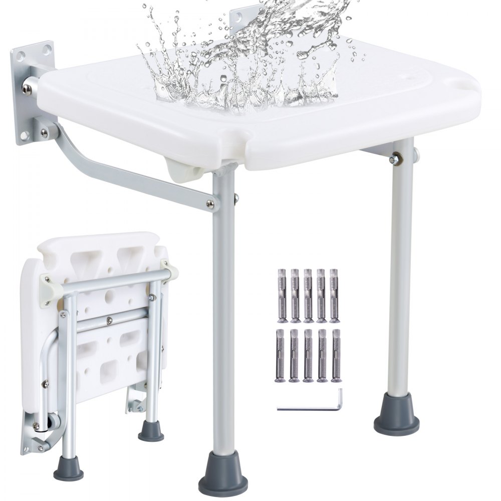 VEVOR Folding PE Shower Seat, 15.7'' x 14.8'' Unfolded, Wall Mounted Fold Up Shower Bench with 500 lbs Load Capacity, Space Saving Fold Down Shower Chair for Seniors Pregnant Women Children Adults - SLKPEZCTWKB16SNT7V0