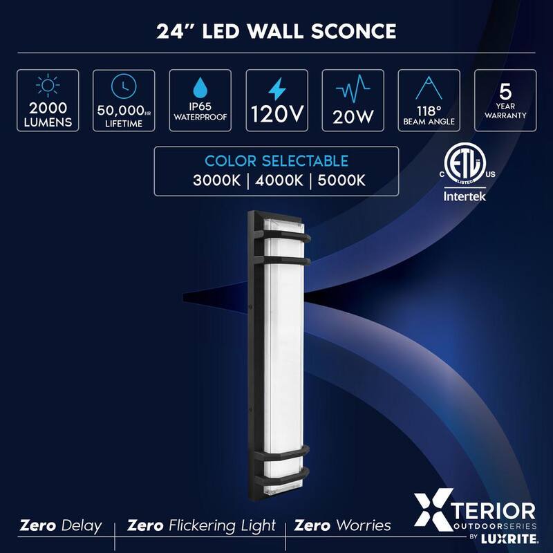 LUXRITE 23.62 pulgadas en negro Aplique de pared LED para exteriores accesorio de luz 3CCT 3000K-5000K 20 watts certificado ETL a prueba de agua IP65 - LR40317-1PK
