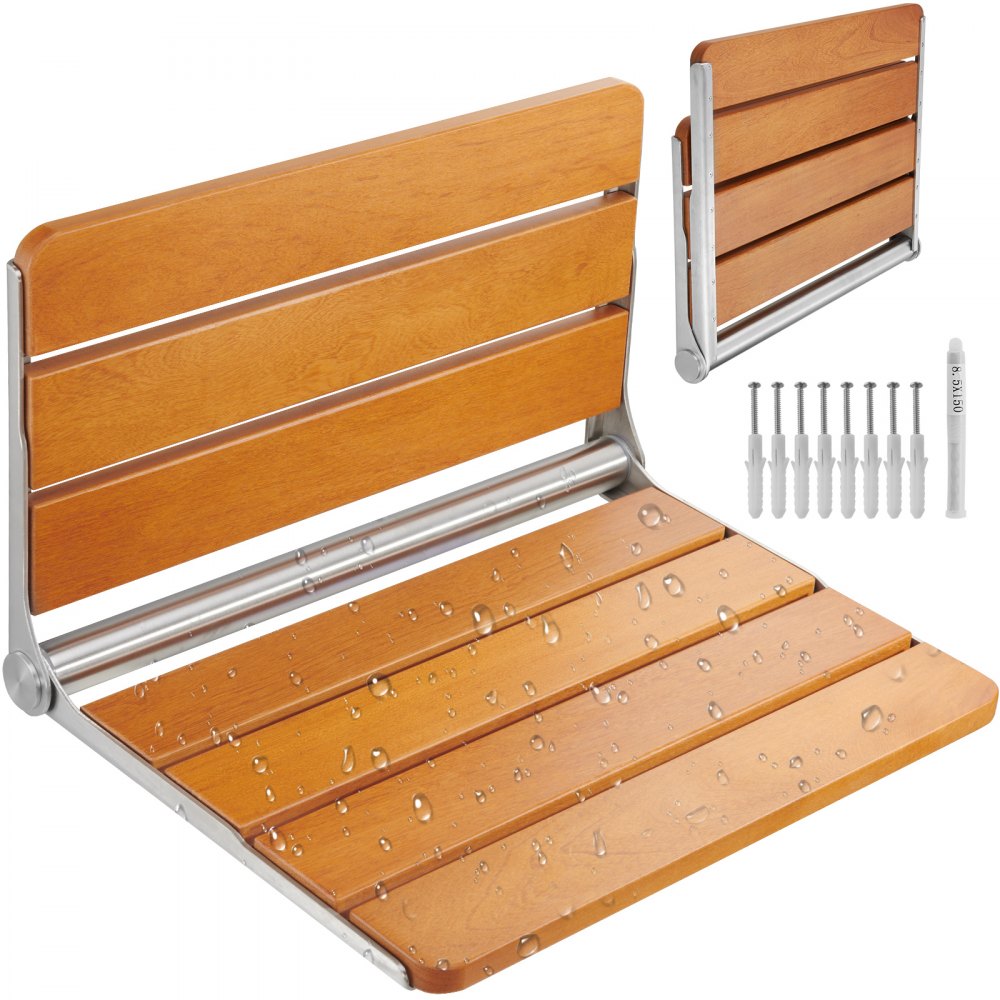 VEVOR Folding Teak Shower Seat, 20.9 x 16'' Unfolded, Wall Mounted Fold Up Shower Bench with 500 lbs Load Capacity, Space Saving Home Care Fold Down Shower Chair, for Seniors Pregnant Women Children - SMKYMWZCYKB2IKH1GV0