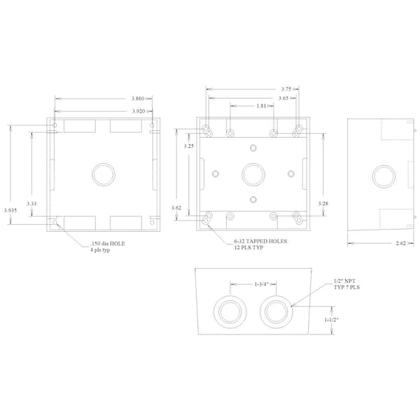Mulberry Electrical Box, 37.3 cu in, Outlet Box Type, 2 Gangs, Aluminum, Square Shape - 30597