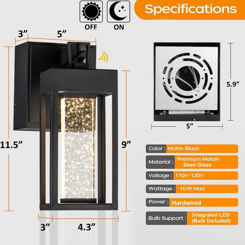Linterna de pared exterior con sensor de anochecer a amanecer, LED moderno, color negro mate, con cristal sembrado y tomacorrientes integrados GFCI - H7138W07A de ALOA DECOR