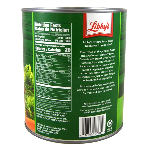 Zanahorias rebanadas medianas Libby's Libby con bajo contenido de sodio de 105 oz., Paquete de 6 - F003710003586.