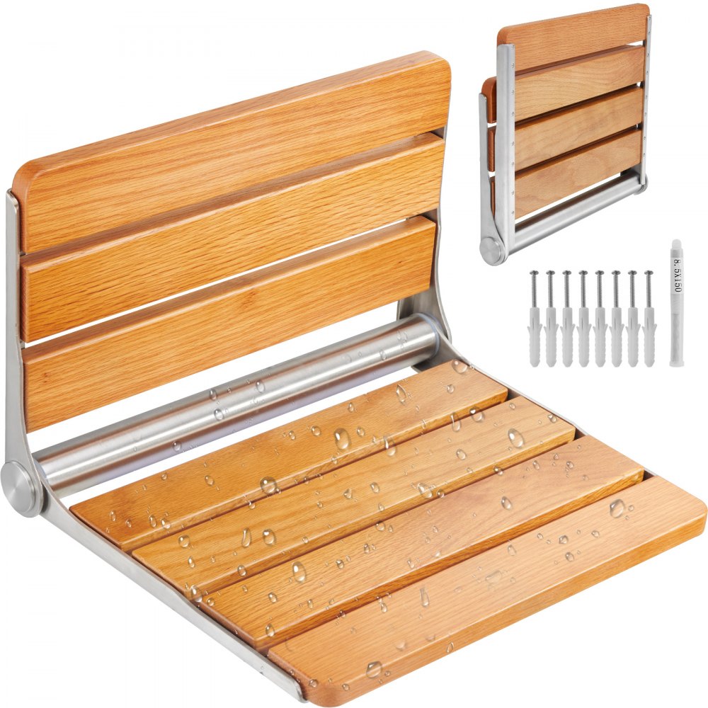 VEVOR Folding Oak Shower Seat, 16.1" x 13.4" Unfolded, Wall Mounted Fold Up Shower Bench with 440 lbs Load Capacity, Space Saving Home Care Fold Down Shower Chair, for Seniors Pregnant Women Children - SMKWZCYKBXM1YB1L3V0