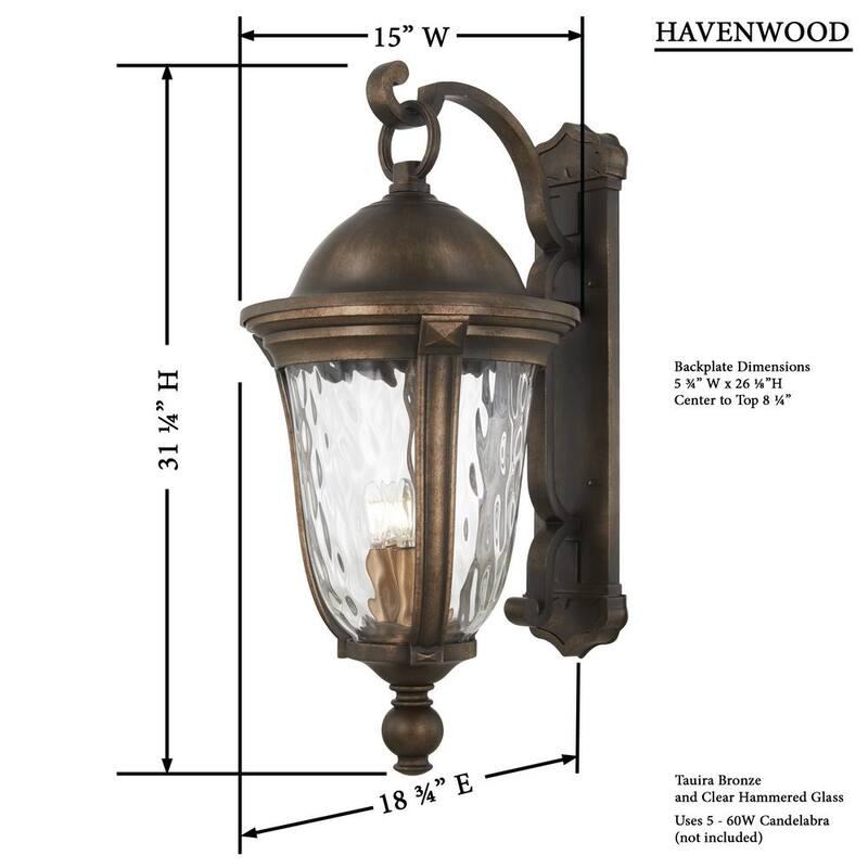 Linterna de pared exterior Minka Lavery Havenwood de 5 luces en bronce Tauira y alder plateado con vidrio martillado transparente, cableado duro - 73245-748.