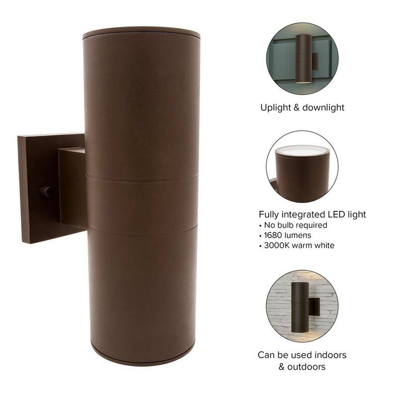 Luz de cilindro de pared LED exterior Maxxima Brown con luz de brazo hacia arriba y hacia abajo - MEL-26100BW