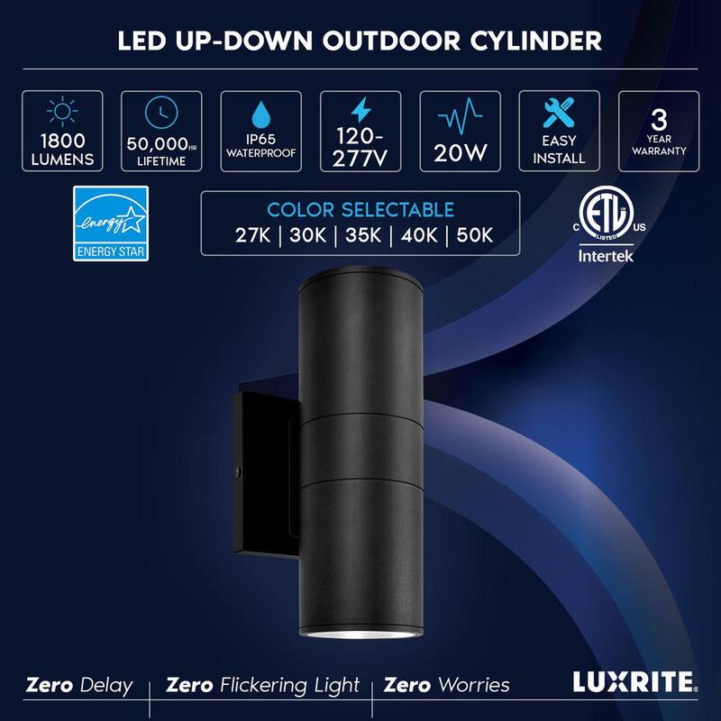Lámpara de pared LUXRITE negra mate con LED para exteriores, de conexión eléctrica, de color 5CCT 20W 1800 lúmenes, ETL con No incluye focos, paquete de 2 - LR40335-2PK