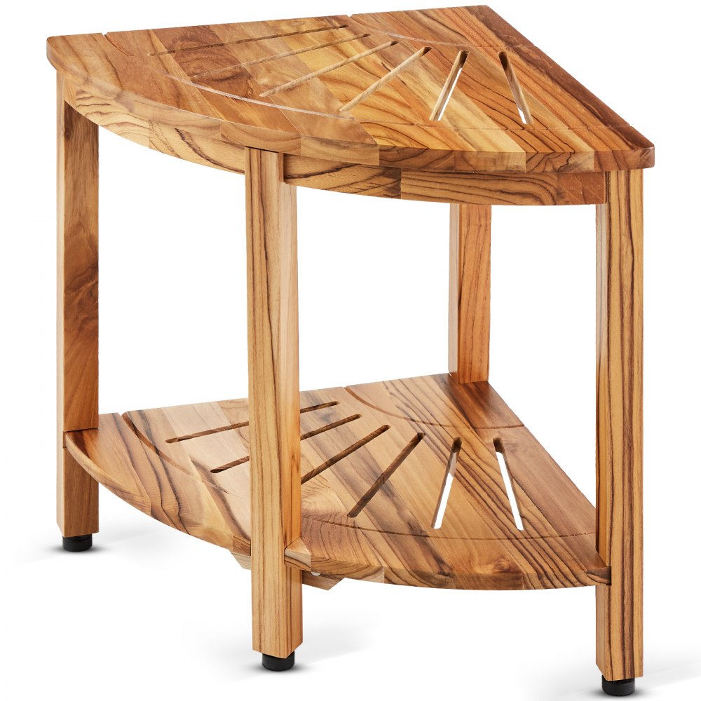 VEVOR Corner Teak Shower Bench, 18.5" Height 15.5" Radius, 100% Teak Wood Corner Shower Beach, 500 LBS with Storage Shelf, Shower Stool for Inside & Outside Shower, for Bathroom - CWDYM155INCHU2J0YV0