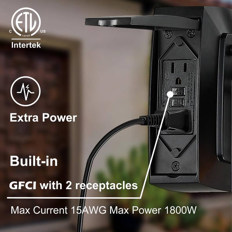 Pia Ricco 1-Luces negras para exteriores con salida GFCI, Aplique exterior para porche con base E26 - 1JAY-12151-GFCI