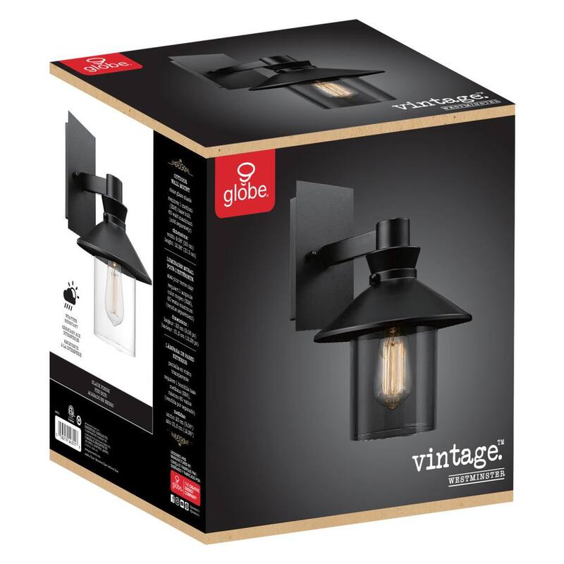 Globo eléctrico Westmister Farmhouse negro para interiores y exteriores, aplique de pared de 1 luz con pantalla de cristal transparente - 44311